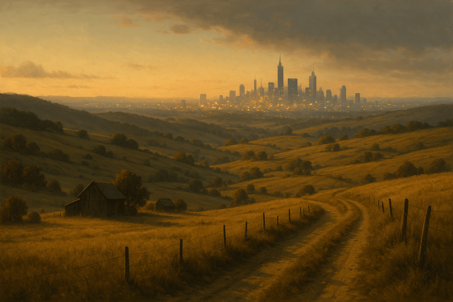 An open landscape with a long winding path running through the middle of it; at the end of the path is a lit up city that invites opportunity.