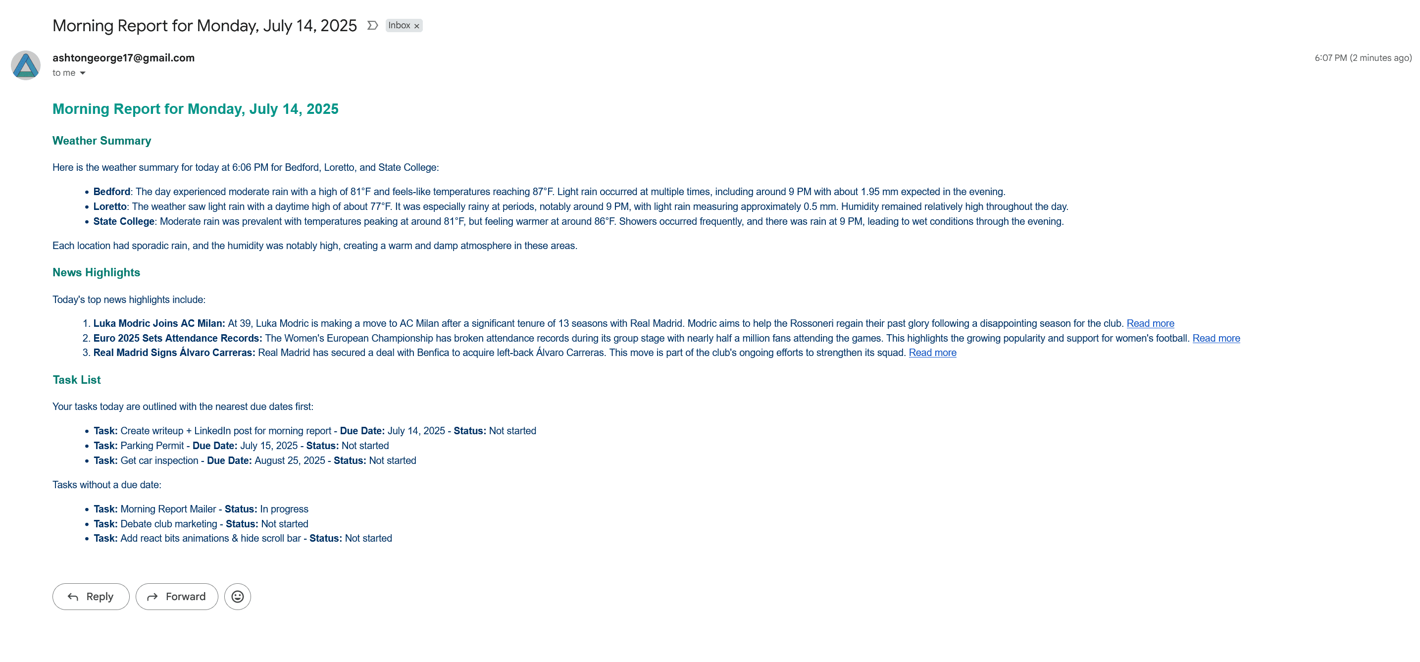 Morning Report email showing today's weather, news, and tasks.