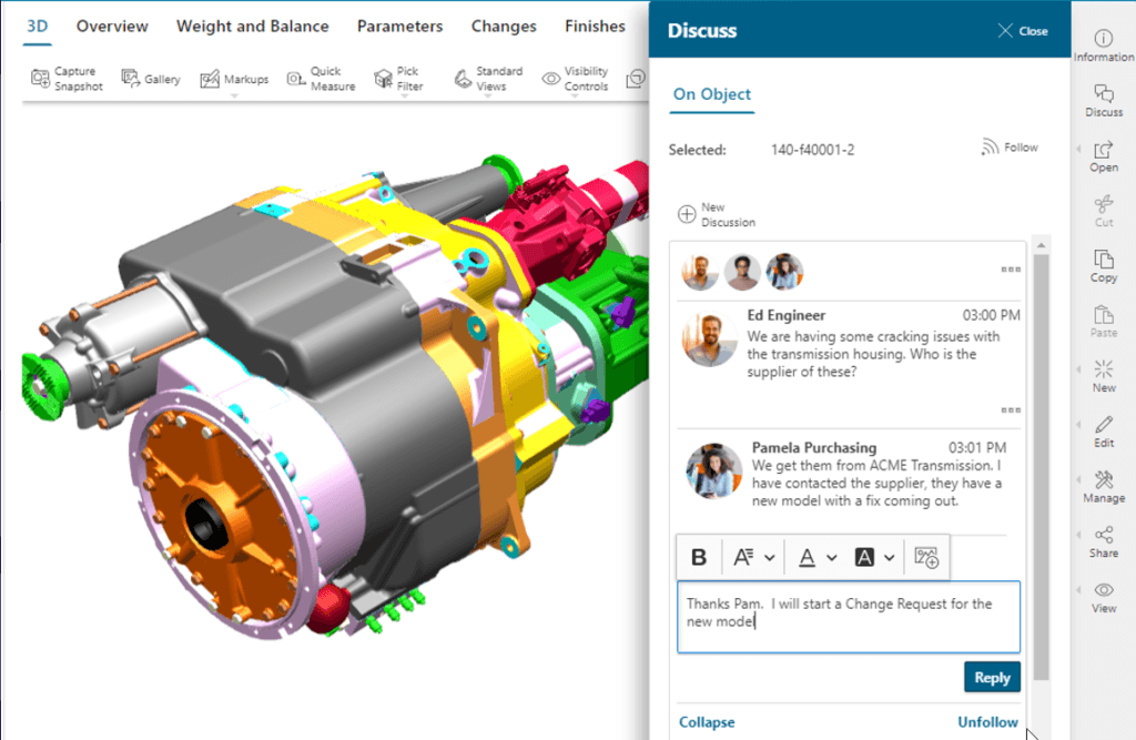 Teamcenter PLM's Active Workspace, where users can view, manipulate, and analyze product models.
